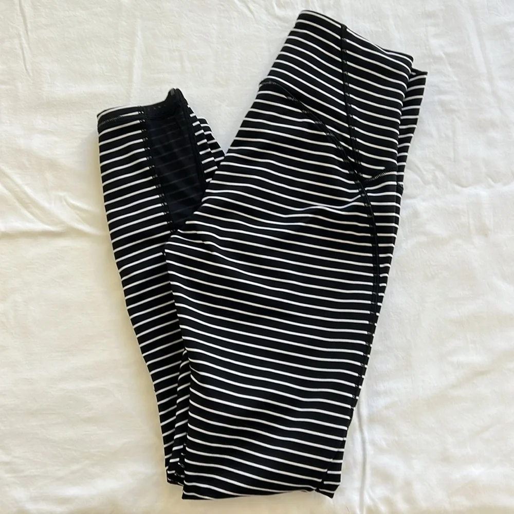 Black and White Striped Leggings with Wide Waistband - Picture 2 of 4